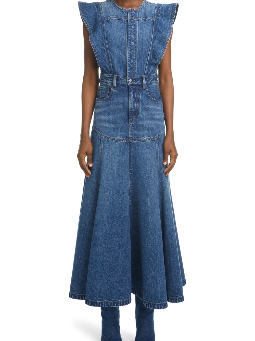 Chloe Dark Blue Denim Flared Maxi Skirt FR 40